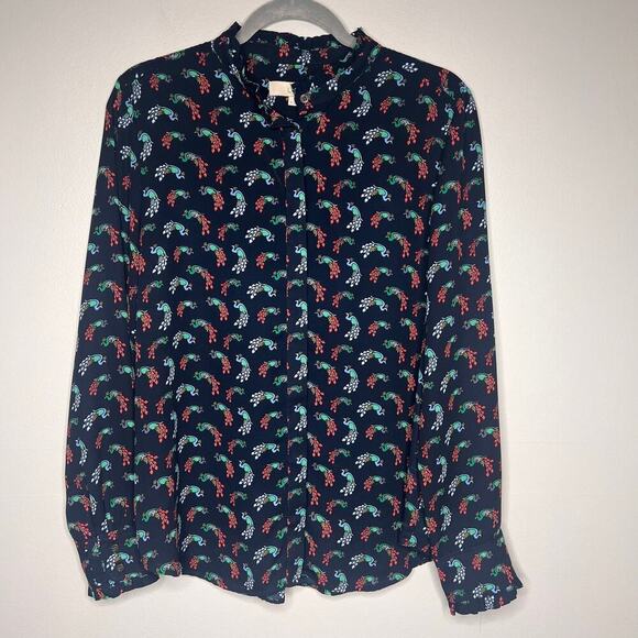 The Loft Women's Medium Peacock Print Long Sleeve Blouse Ruffle Neck Careerwear - Picture 1 of 12